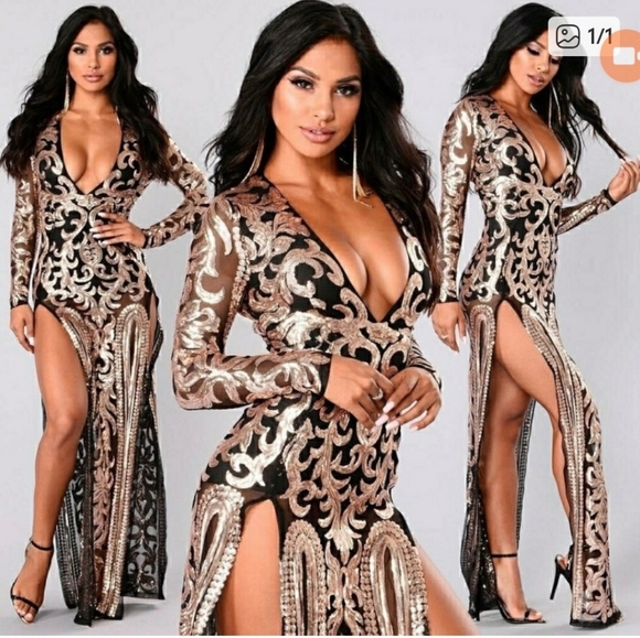 Fashion Nova Elegant Black and Gold Long Sleeve Dress - Picture 1 of 14